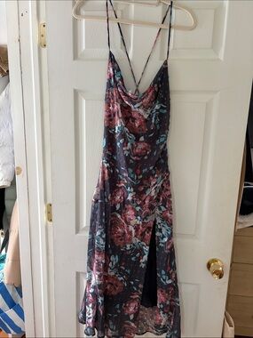 Petal & Pup Charcoal Floral Cowl Midi Dress with Pink and Aqua Accents